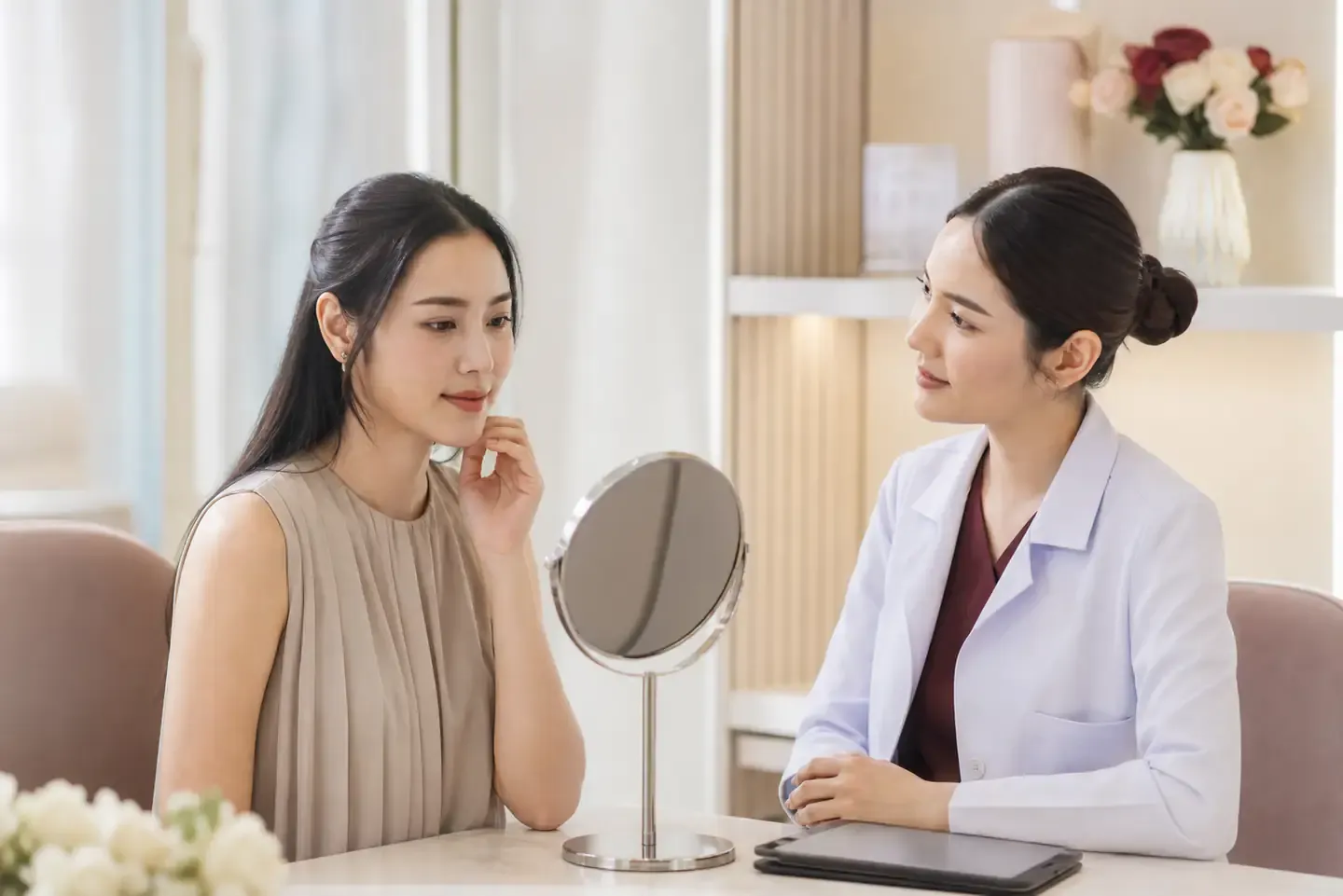 ผู้หญิงไทยปรึกษาแพทย์เรื่องการดูแลผิวและใบหน้าในหมวด Anti-Aging