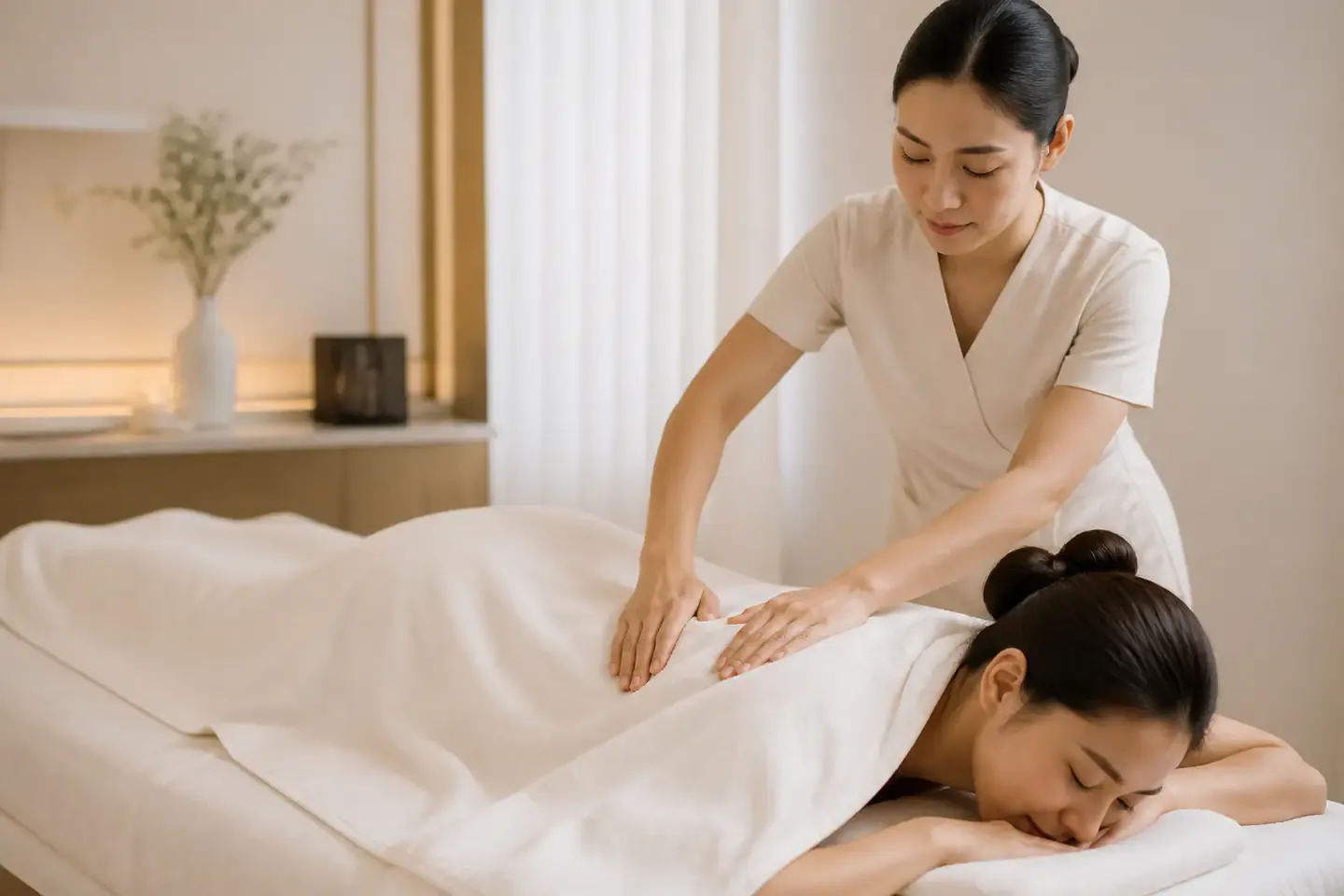 ผู้หญิงไทยรับการนวดกระชับและระบายร่างกายโดยมีผ้าคลุมอย่างเหมาะสม