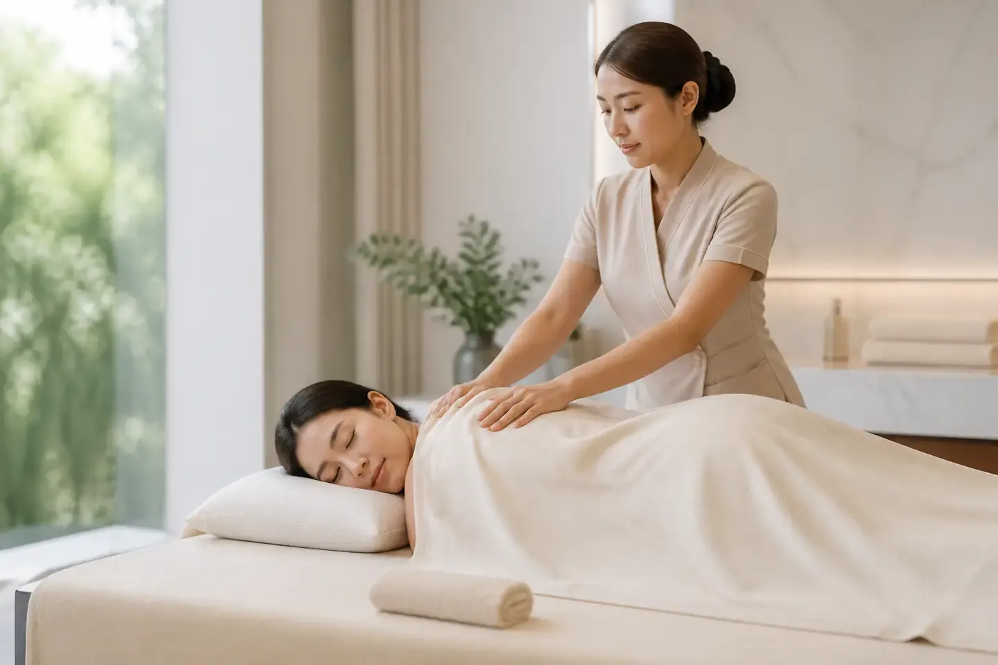 ผู้หญิงไทยพักผ่อนระหว่างรับบริการสปาผ่อนคลายร่างกาย