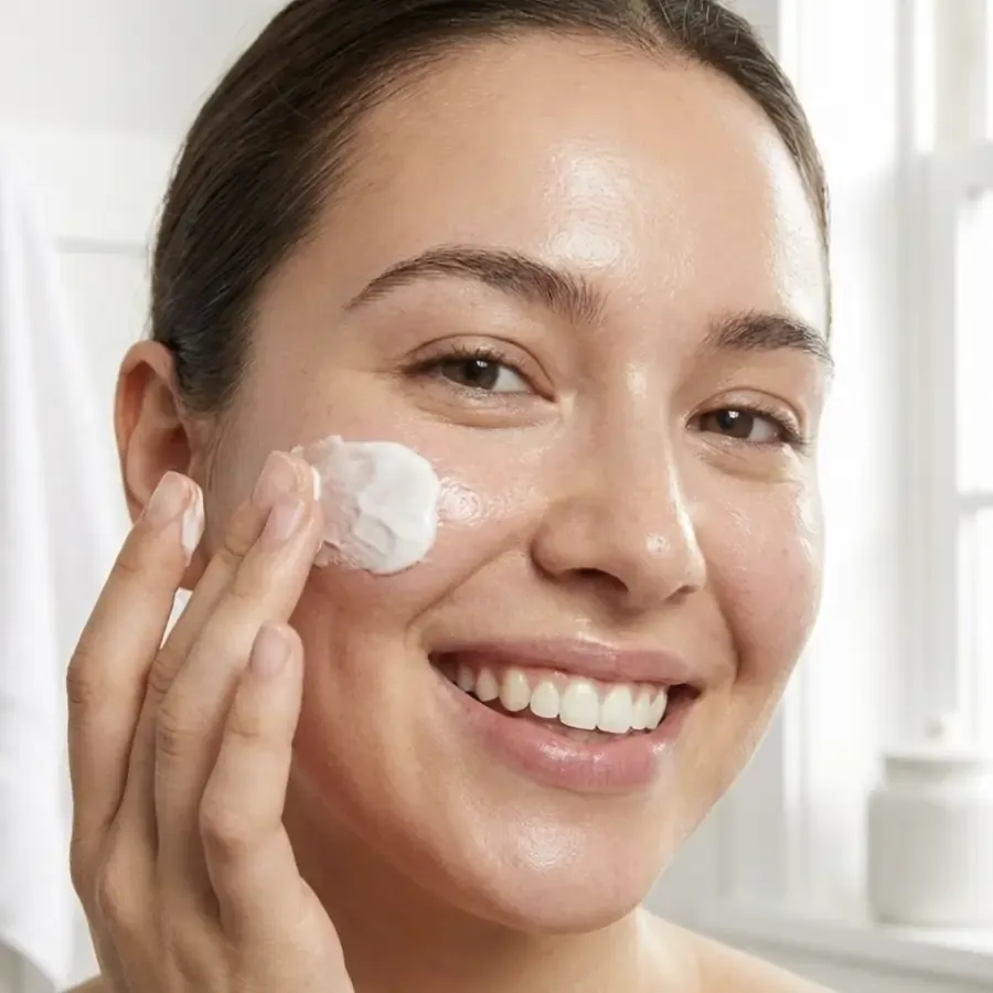 นางแบบกำลังทาครีมมาสก์ Collagen Mask บนใบหน้า