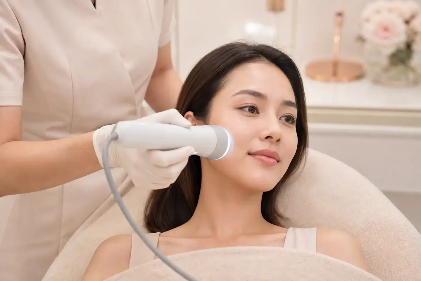ผู้หญิงไทยรับการดูแลผิวด้วยอุปกรณ์ Derma Cooling บริเวณแก้ม