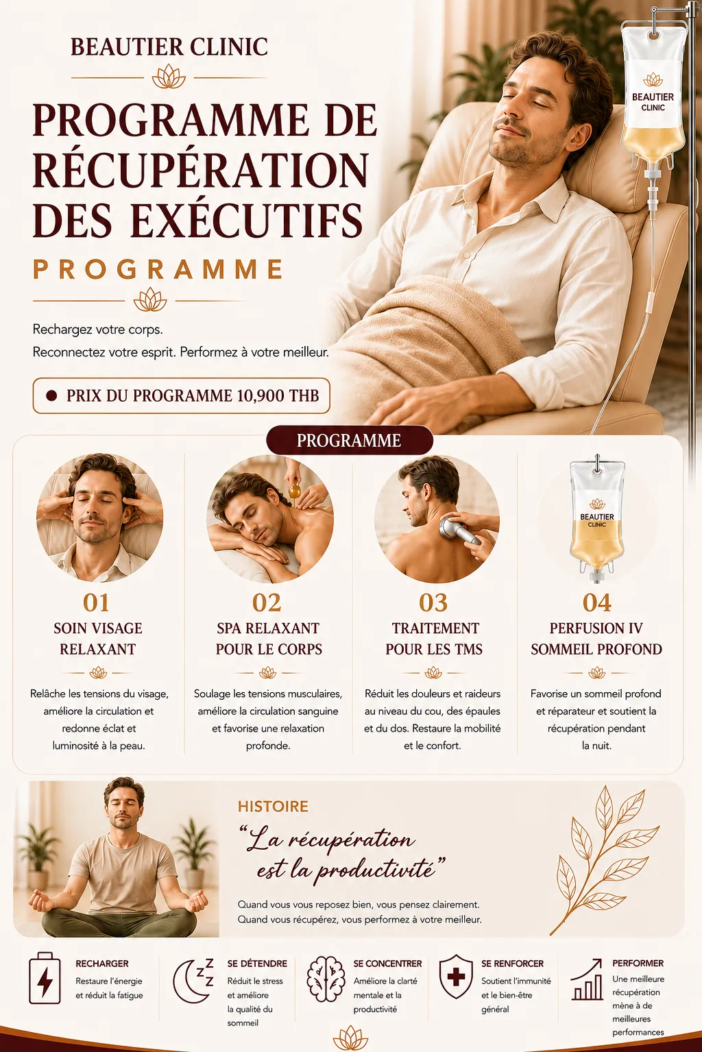 Executive Recovery Program — Un programme de récupération et de relaxation pour les cadres comprenant quatre soins.