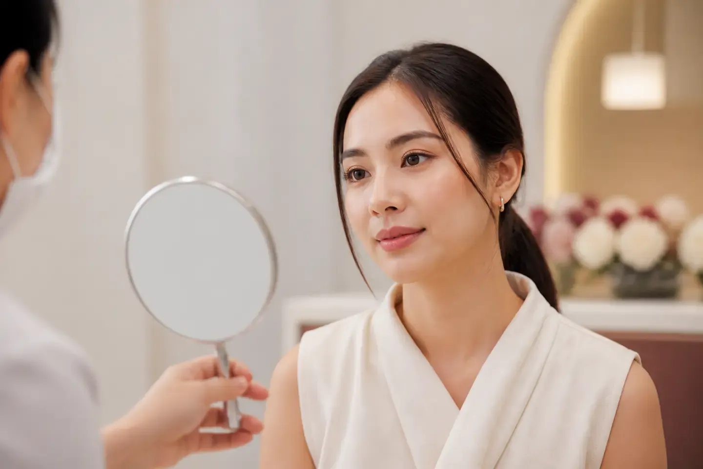 ผู้หญิงไทยพูดคุยเรื่องการออกแบบรูปหน้าพร้อมส่องกระจกระหว่างปรึกษา