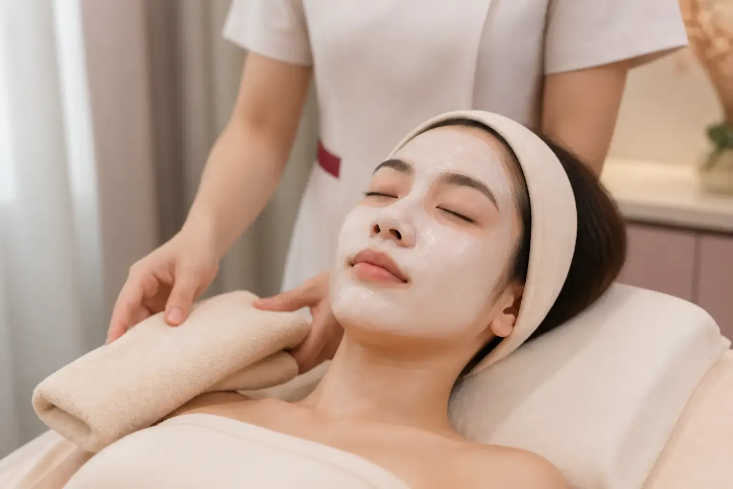ผู้หญิงไทยพักผ่อนระหว่างมาสก์บำรุงผิวหน้าในห้องทรีตเมนต์