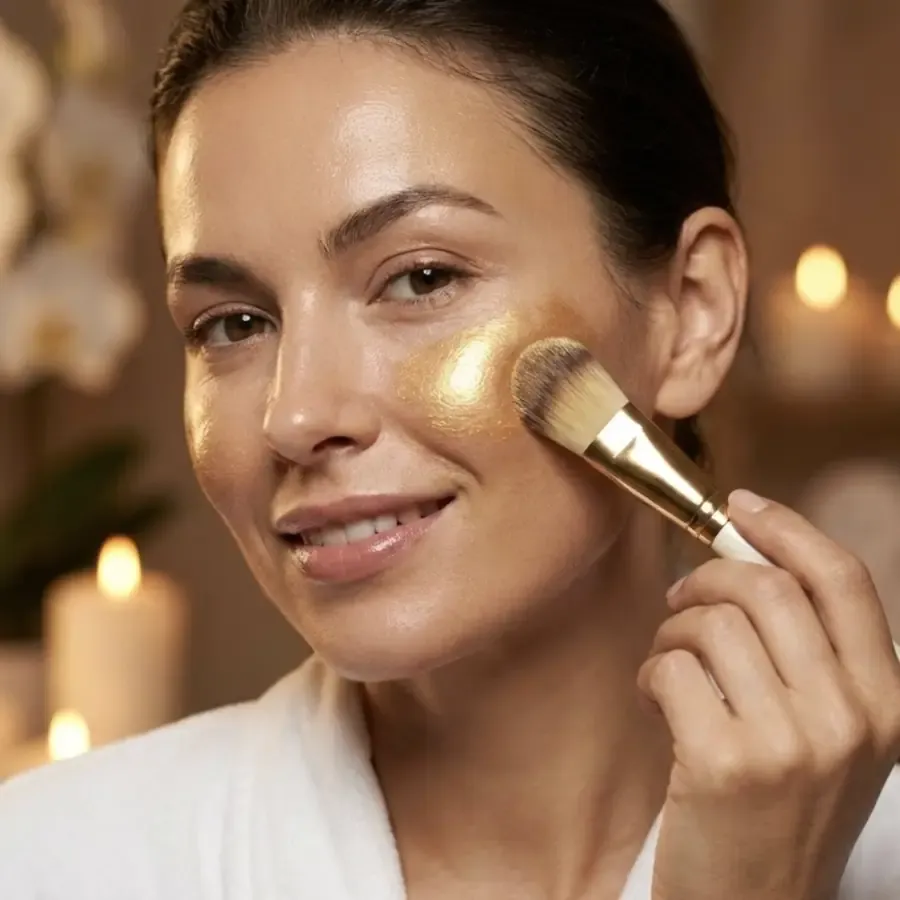 นางแบบกำลังทา Gold Radiance Mask บริเวณแก้ม