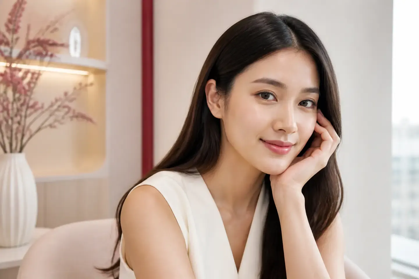 ผู้หญิงไทยสัมผัสผิวหน้าระหว่างพิจารณาการดูแลด้วย Skin Booster