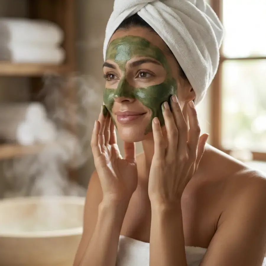 นางแบบกำลังใช้ Spirulina Mask สีเขียวบนใบหน้า