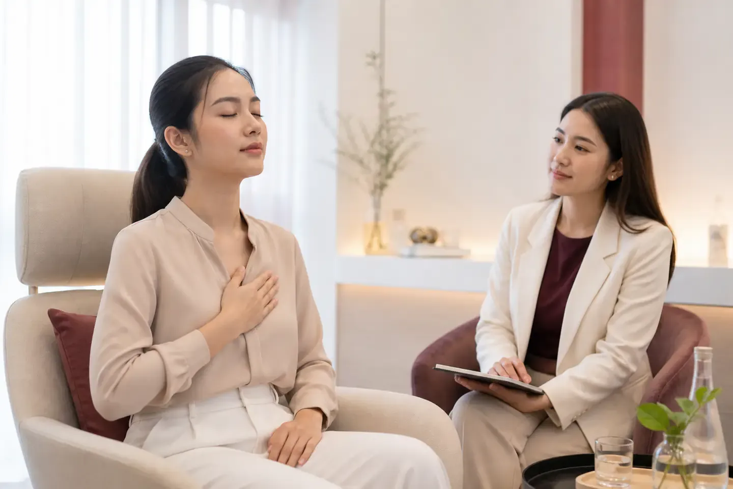 ผู้หญิงไทยฝึกหายใจร่วมกับผู้เชี่ยวชาญเพื่อช่วยจัดการความเครียดจากการทำงาน